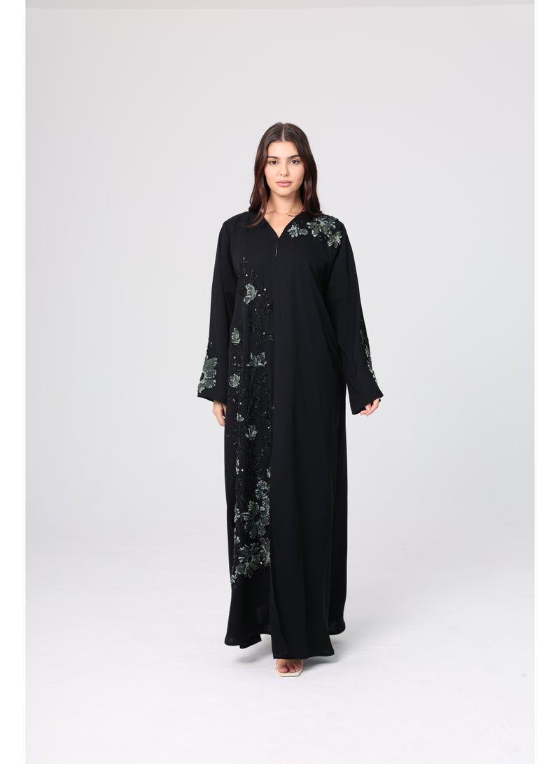 IKKXA Beaded Green Floral Embroidery Abaya ABY1124 Black - Image 4